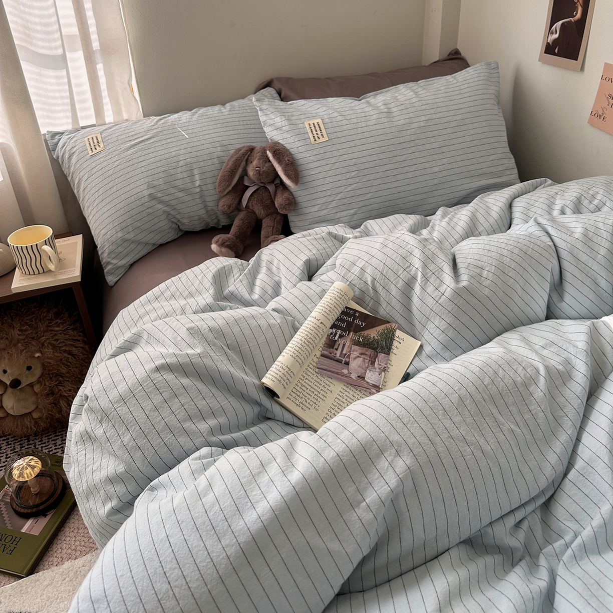 91家纺网 家纺一手货源 找家纺 艾咪-Amy ntmy 2026新款布标条纹款全棉纯棉色织水洗棉四件套 新蓝条