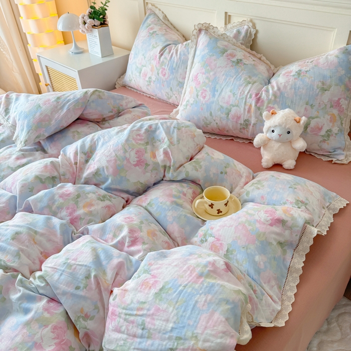 91家纺网 家纺一手货源 找家纺 （总）【苏东来】2026韩版蕾丝花边纯棉全棉双层纱四件套印花纯棉四件套法式赫本木耳花边全棉公主双层纱四件套