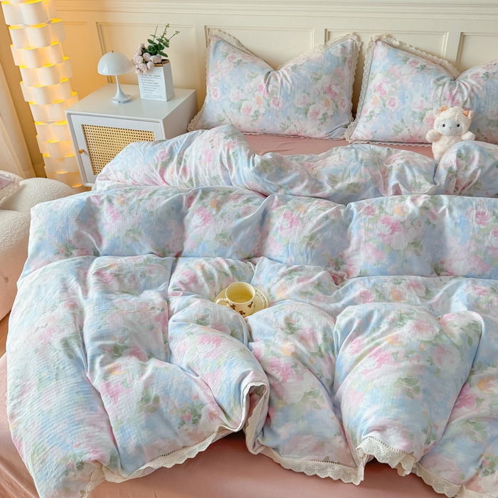 91家纺网 家纺一手货源 找家纺 （总）【苏东来】2026韩版蕾丝花边纯棉全棉双层纱四件套印花纯棉四件套法式赫本木耳花边全棉公主双层纱四件套