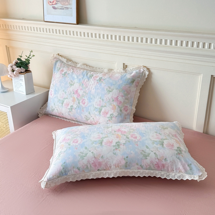 91家纺网 家纺一手货源 找家纺 （总）【苏东来】2026韩版蕾丝花边纯棉全棉双层纱四件套印花纯棉四件套法式赫本木耳花边全棉公主双层纱四件套