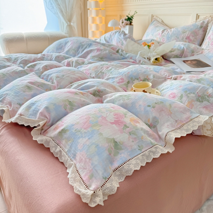 91家纺网 家纺一手货源 找家纺 （总）【苏东来】2026韩版蕾丝花边纯棉全棉双层纱四件套印花纯棉四件套法式赫本木耳花边全棉公主双层纱四件套