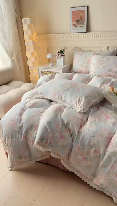 91家纺网 家纺一手货源 找家纺 （总）【苏东来】2026韩版蕾丝花边纯棉全棉双层纱四件套印花纯棉四件套法式赫本木耳花边全棉公主双层纱四件套