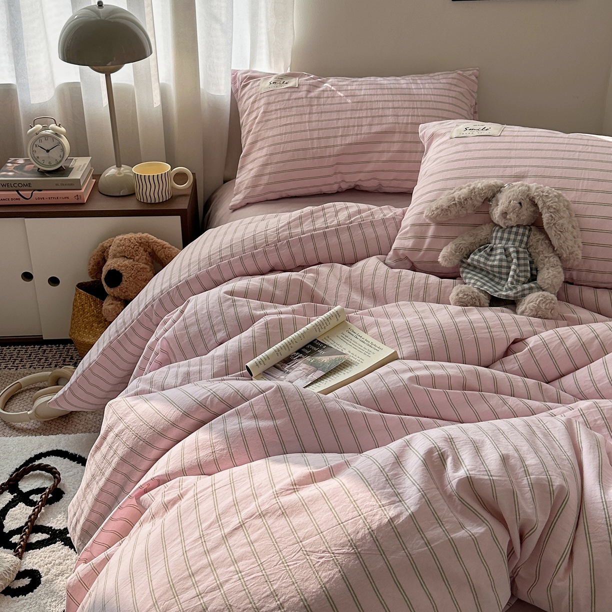 91家纺网 家纺一手货源 找家纺 艾咪-Amy ntmy 2026新款布标条纹款全棉纯棉色织水洗棉四件套 告白-粉条