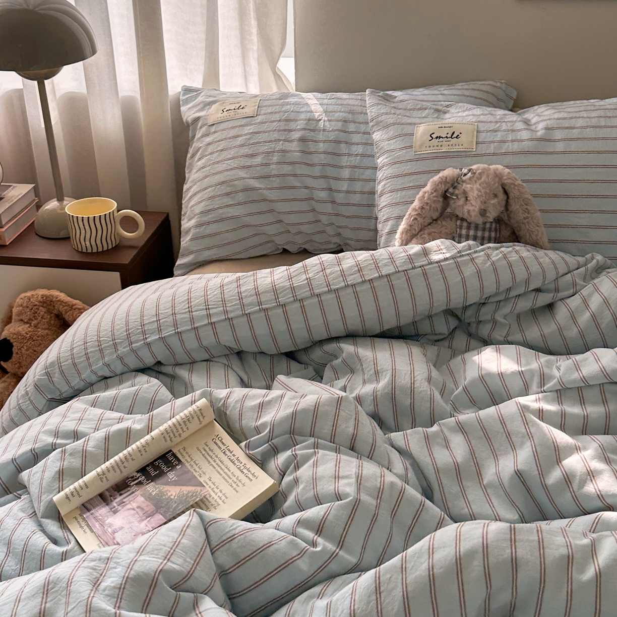 91家纺网 家纺一手货源 找家纺 艾咪-Amy ntmy 2026新款布标条纹款全棉纯棉色织水洗棉四件套 告白-蓝条