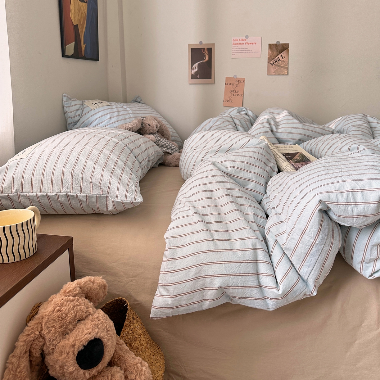 91家纺网 家纺一手货源 找家纺 艾咪-Amy ntmy 2026新款布标条纹款全棉纯棉色织水洗棉四件套 告白-蓝条