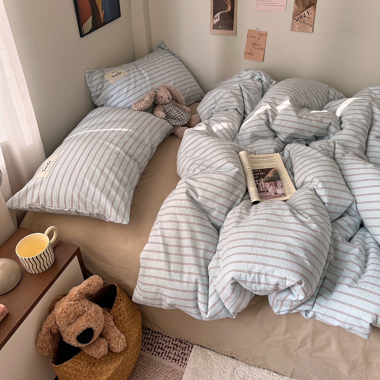 91家纺网 家纺一手货源 找家纺 艾咪-Amy ntmy 2026新款布标条纹款全棉纯棉色织水洗棉四件套 告白-蓝条