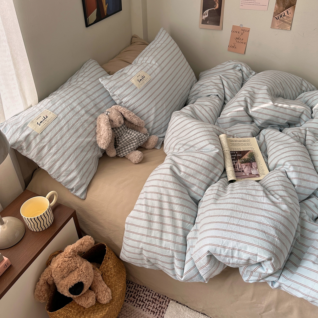 91家纺网 家纺一手货源 找家纺 艾咪-Amy ntmy 2026新款布标条纹款全棉纯棉色织水洗棉四件套 告白-蓝条