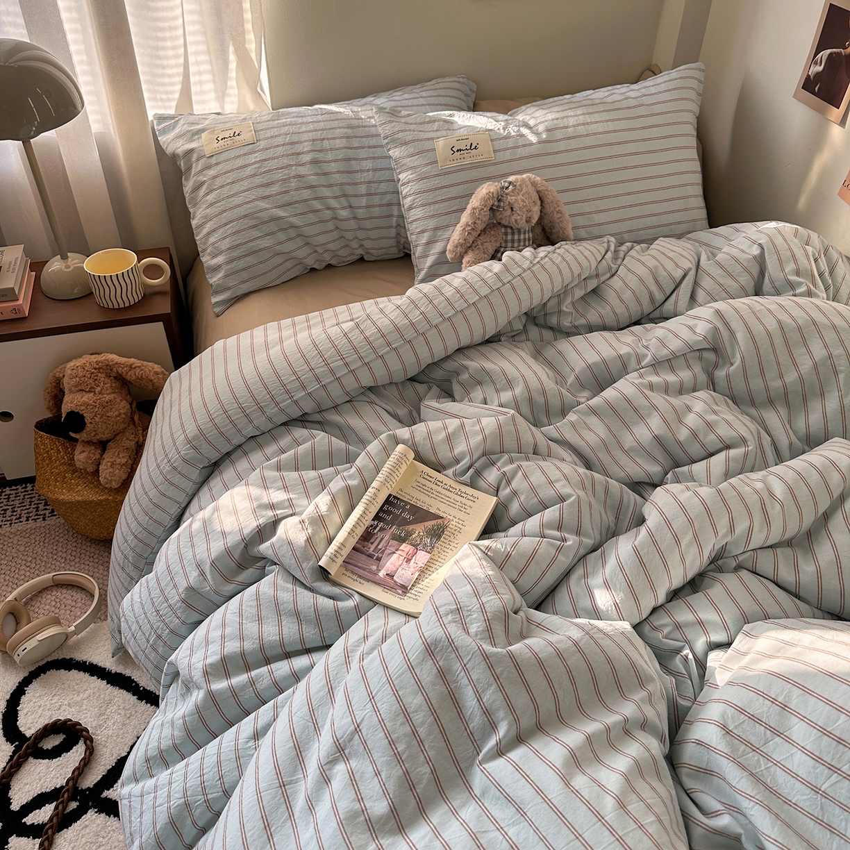 91家纺网 家纺一手货源 找家纺 艾咪-Amy ntmy 2026新款布标条纹款全棉纯棉色织水洗棉四件套 告白-蓝条