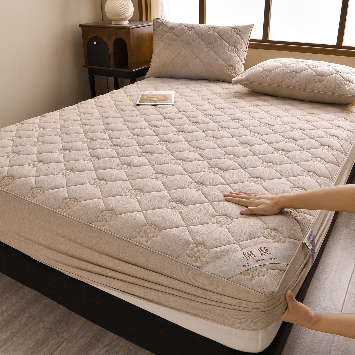 好眠好梦家纺 2026新款全棉纯棉棉麻抗菌防螨床笠 棉之语-卡其