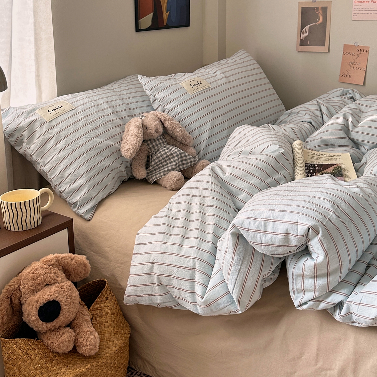 91家纺网 家纺一手货源 找家纺 艾咪-Amy ntmy 2026新款布标条纹款全棉纯棉色织水洗棉四件套 告白-蓝条