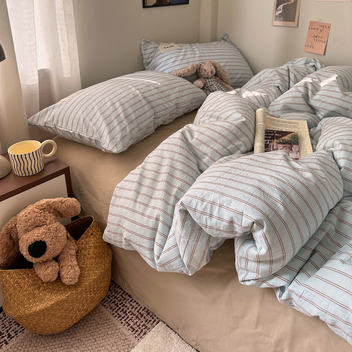 91家纺网 家纺一手货源 找家纺 艾咪-Amy ntmy 2026新款布标条纹款全棉纯棉色织水洗棉四件套 告白-蓝条