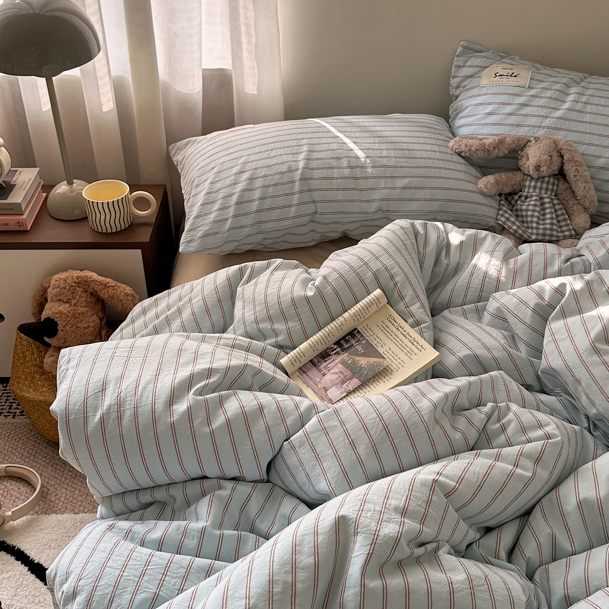 91家纺网 家纺一手货源 找家纺 艾咪-Amy ntmy 2026新款布标条纹款全棉纯棉色织水洗棉四件套 告白-蓝条