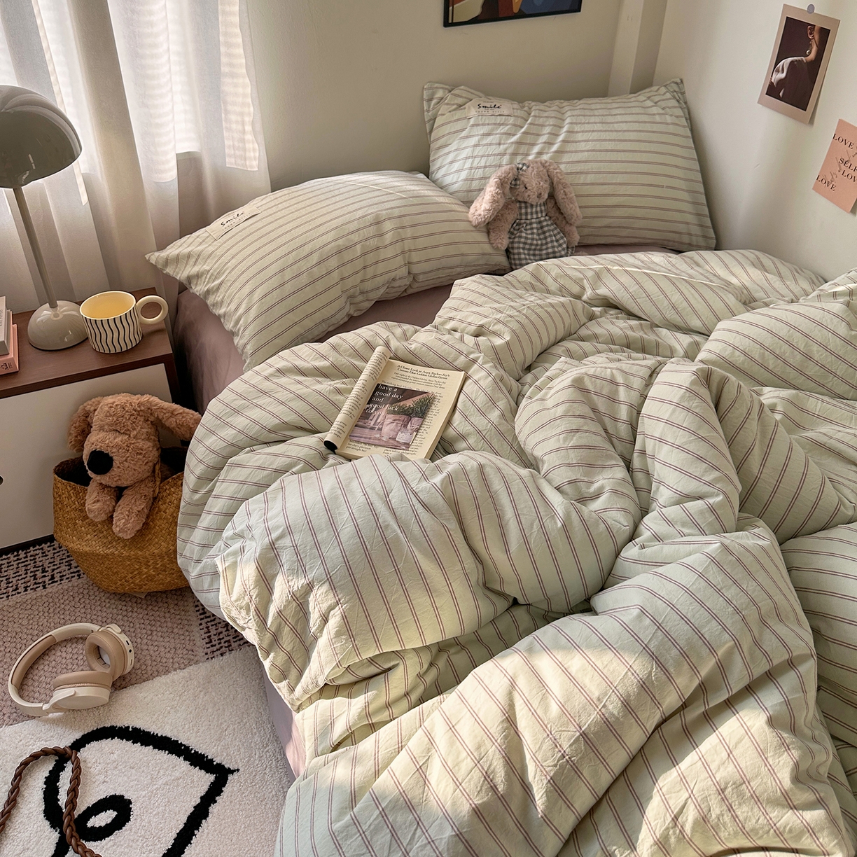 91家纺网 家纺一手货源 找家纺 艾咪-Amy ntmy 2026新款布标条纹款全棉纯棉色织水洗棉四件套 告白-绿条