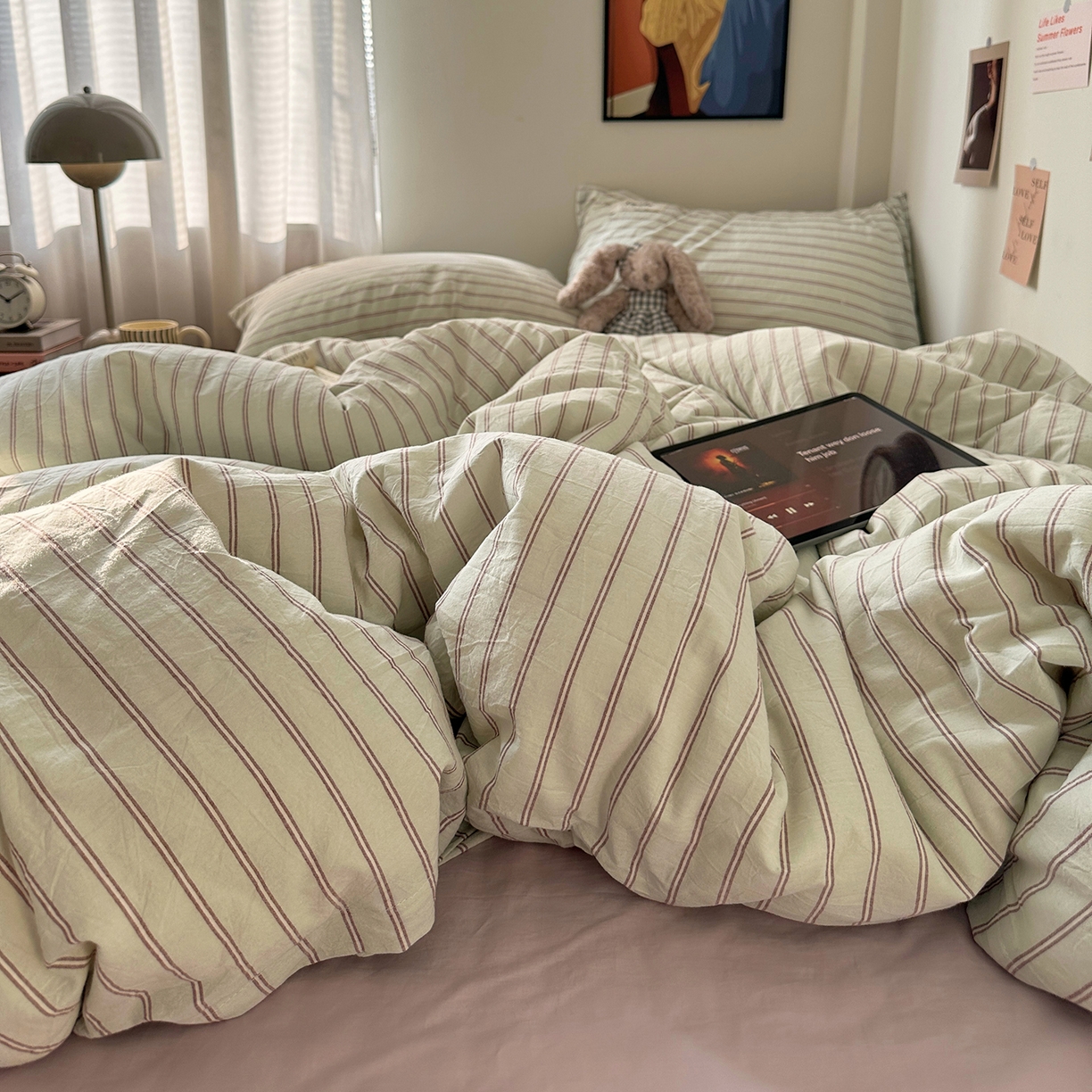 91家纺网 家纺一手货源 找家纺 艾咪-Amy ntmy 2026新款布标条纹款全棉纯棉色织水洗棉四件套 告白-绿条