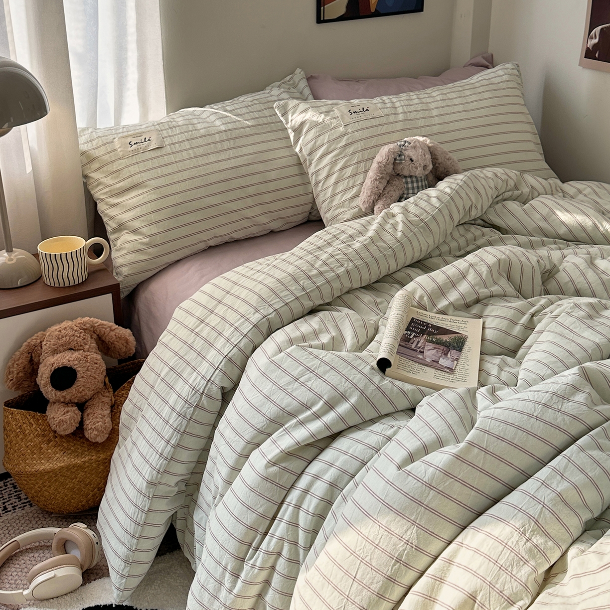 91家纺网 家纺一手货源 找家纺 艾咪-Amy ntmy 2026新款布标条纹款全棉纯棉色织水洗棉四件套 告白-绿条