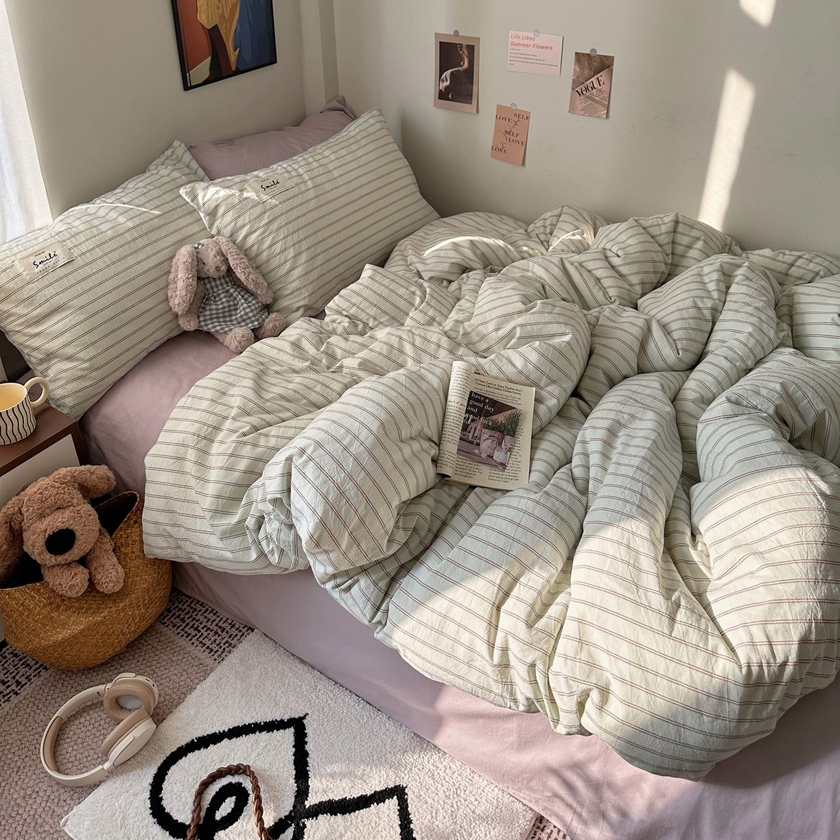 91家纺网 家纺一手货源 找家纺 艾咪-Amy ntmy 2026新款布标条纹款全棉纯棉色织水洗棉四件套 告白-绿条