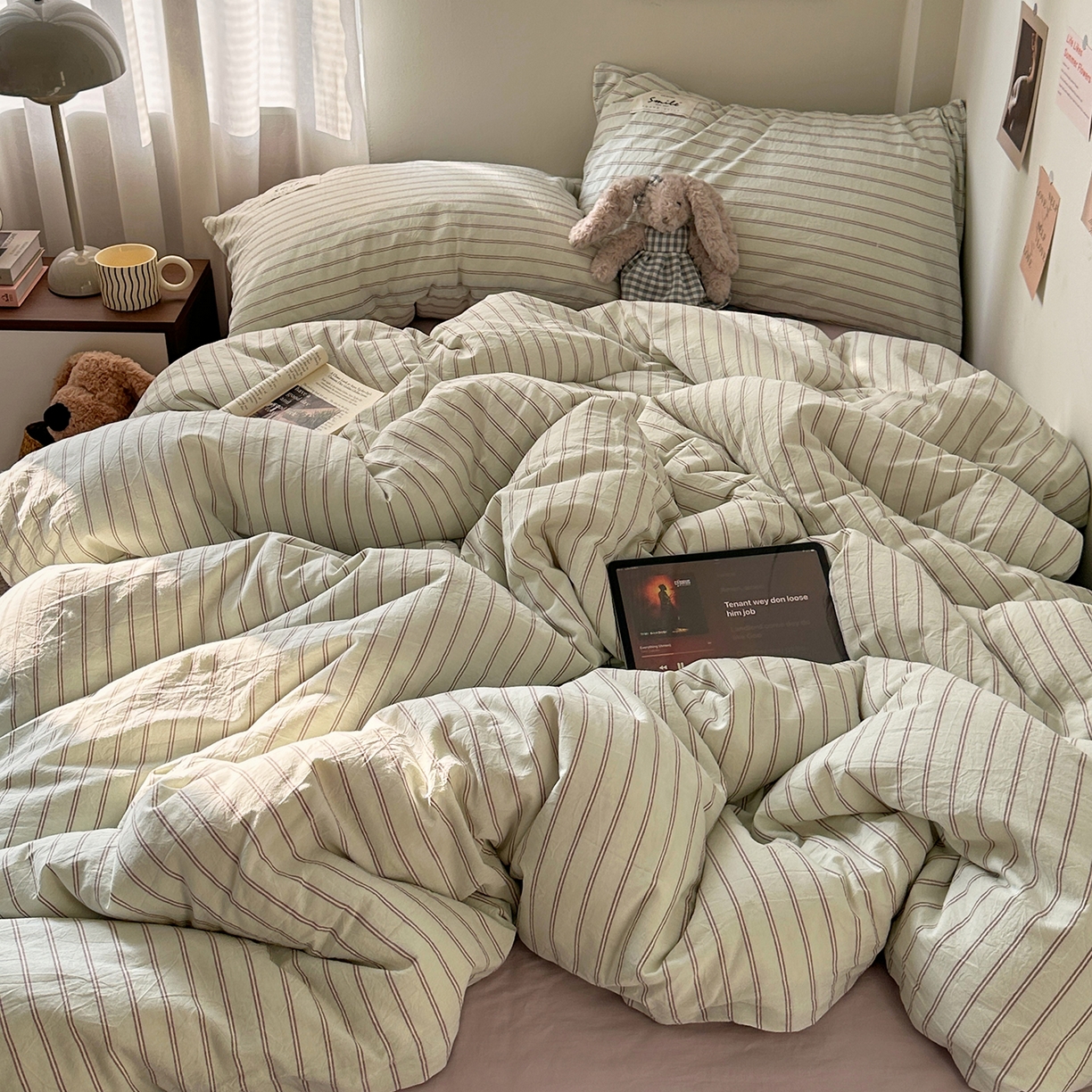 91家纺网 家纺一手货源 找家纺 艾咪-Amy ntmy 2026新款布标条纹款全棉纯棉色织水洗棉四件套 告白-绿条