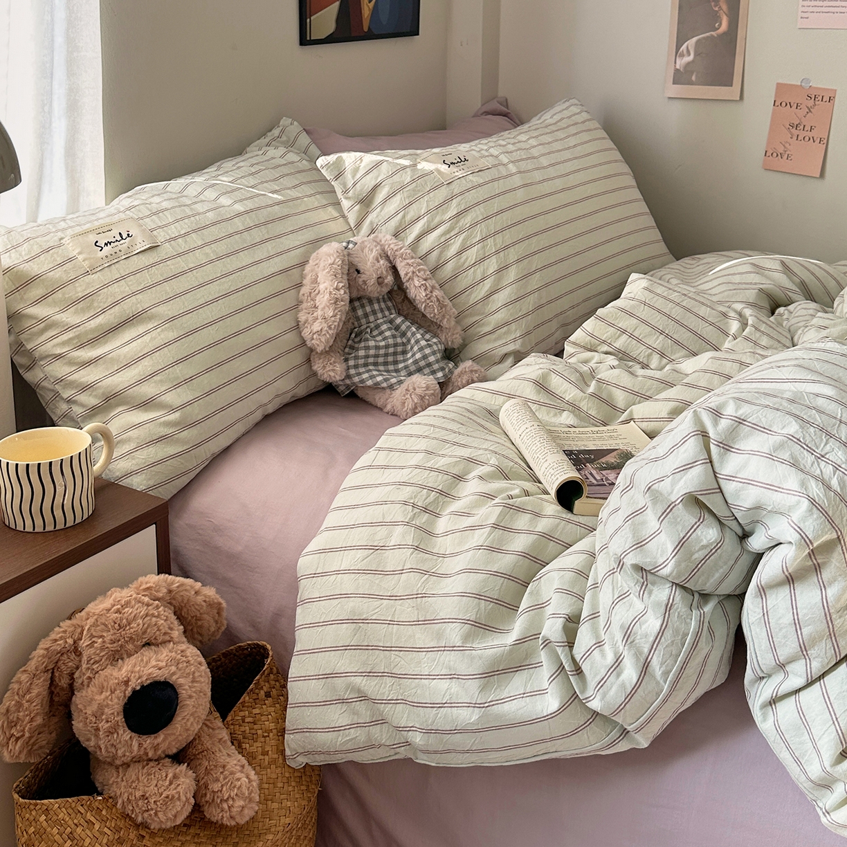 91家纺网 家纺一手货源 找家纺 艾咪-Amy ntmy 2026新款布标条纹款全棉纯棉色织水洗棉四件套 告白-绿条