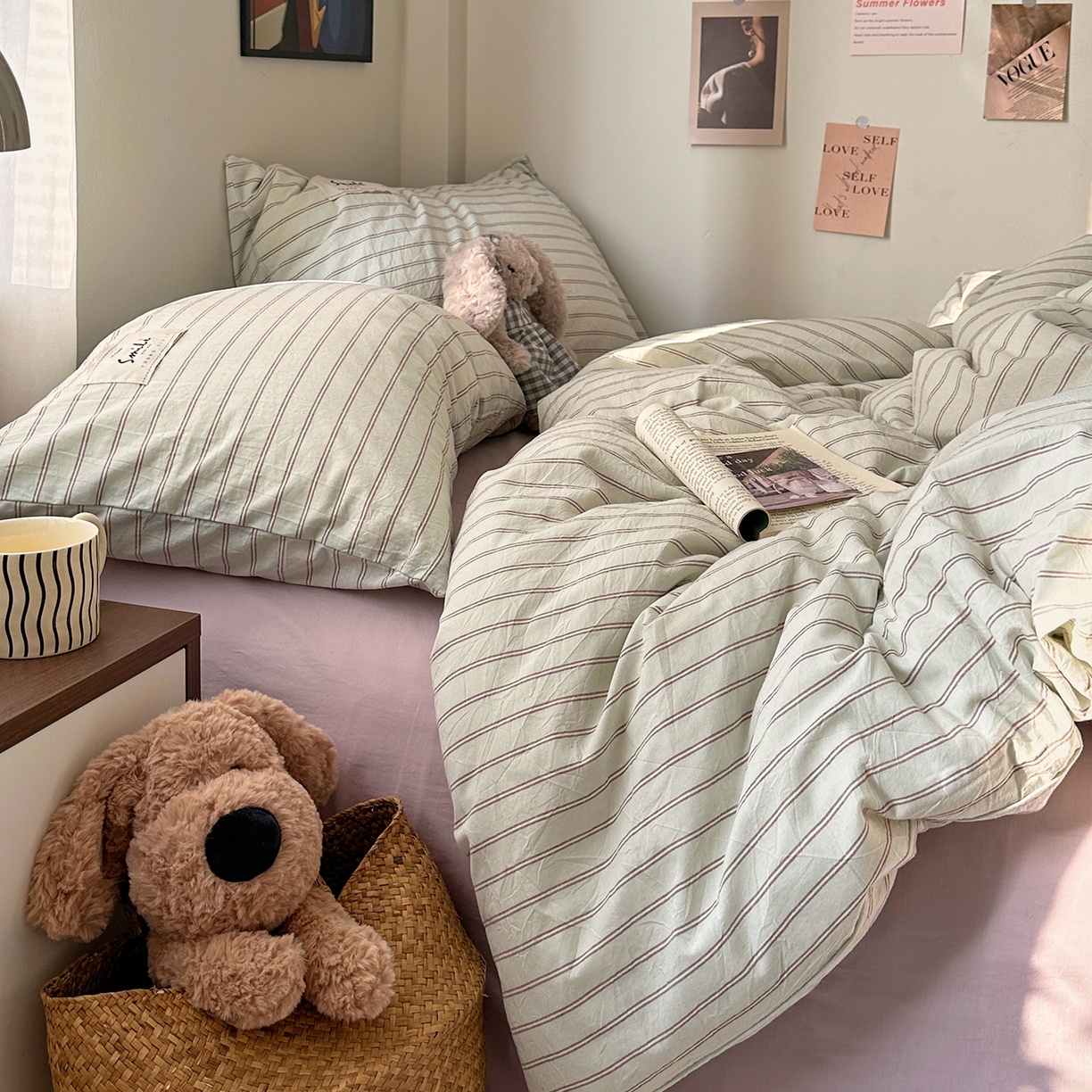 91家纺网 家纺一手货源 找家纺 艾咪-Amy ntmy 2026新款布标条纹款全棉纯棉色织水洗棉四件套 告白-绿条