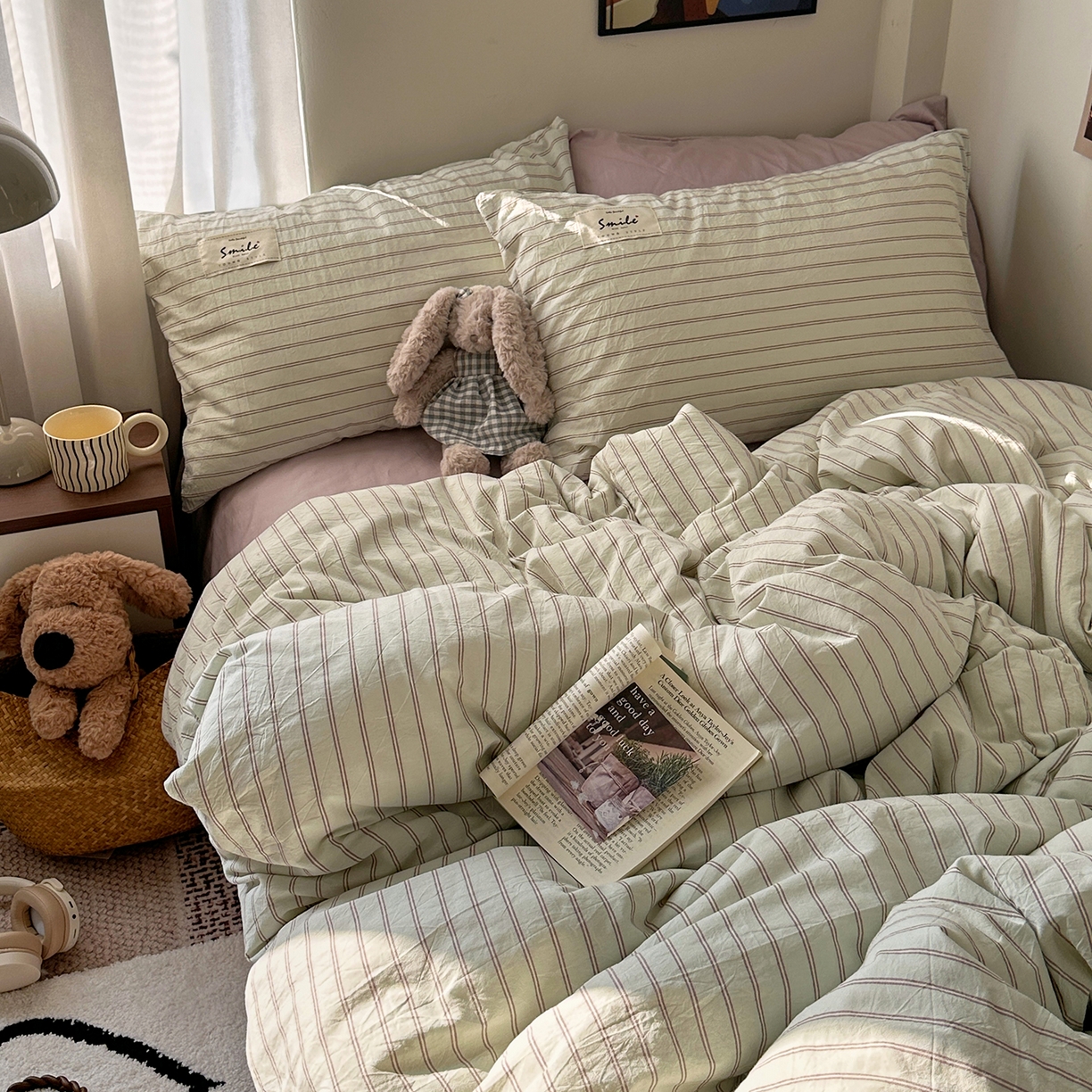 91家纺网 家纺一手货源 找家纺 艾咪-Amy ntmy 2026新款布标条纹款全棉纯棉色织水洗棉四件套 告白-绿条