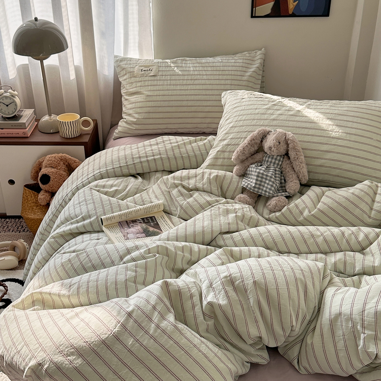 91家纺网 家纺一手货源 找家纺 艾咪-Amy ntmy 2026新款布标条纹款全棉纯棉色织水洗棉四件套 告白-绿条