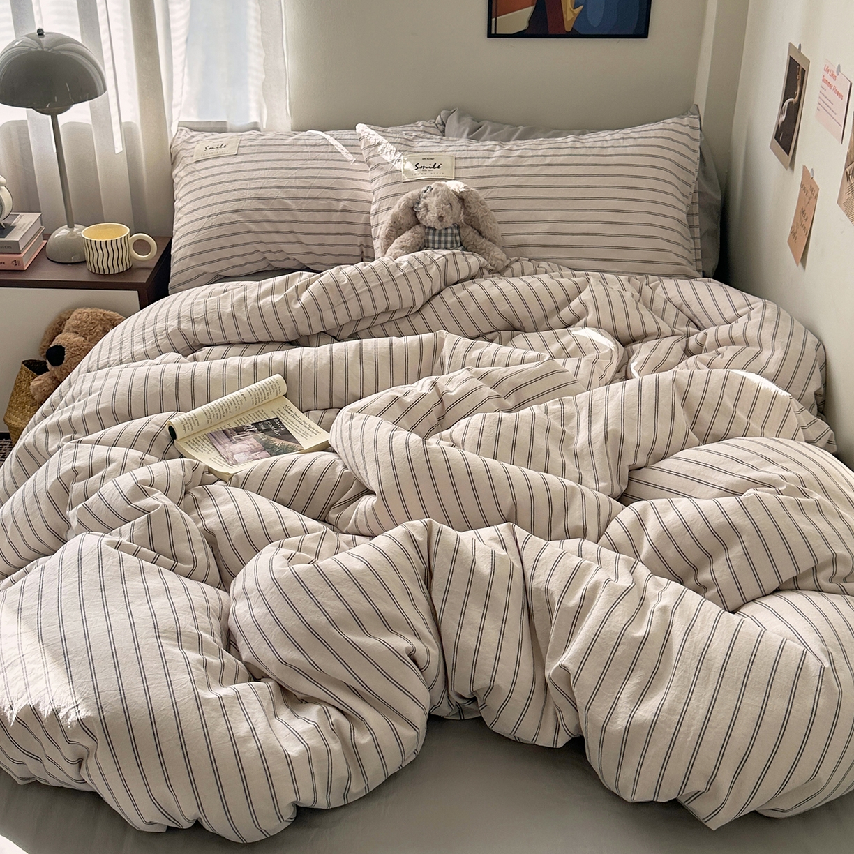 艾咪-Amy ntmy 2026新款布标条纹款全棉纯棉色织水洗棉四件套 告白-米条