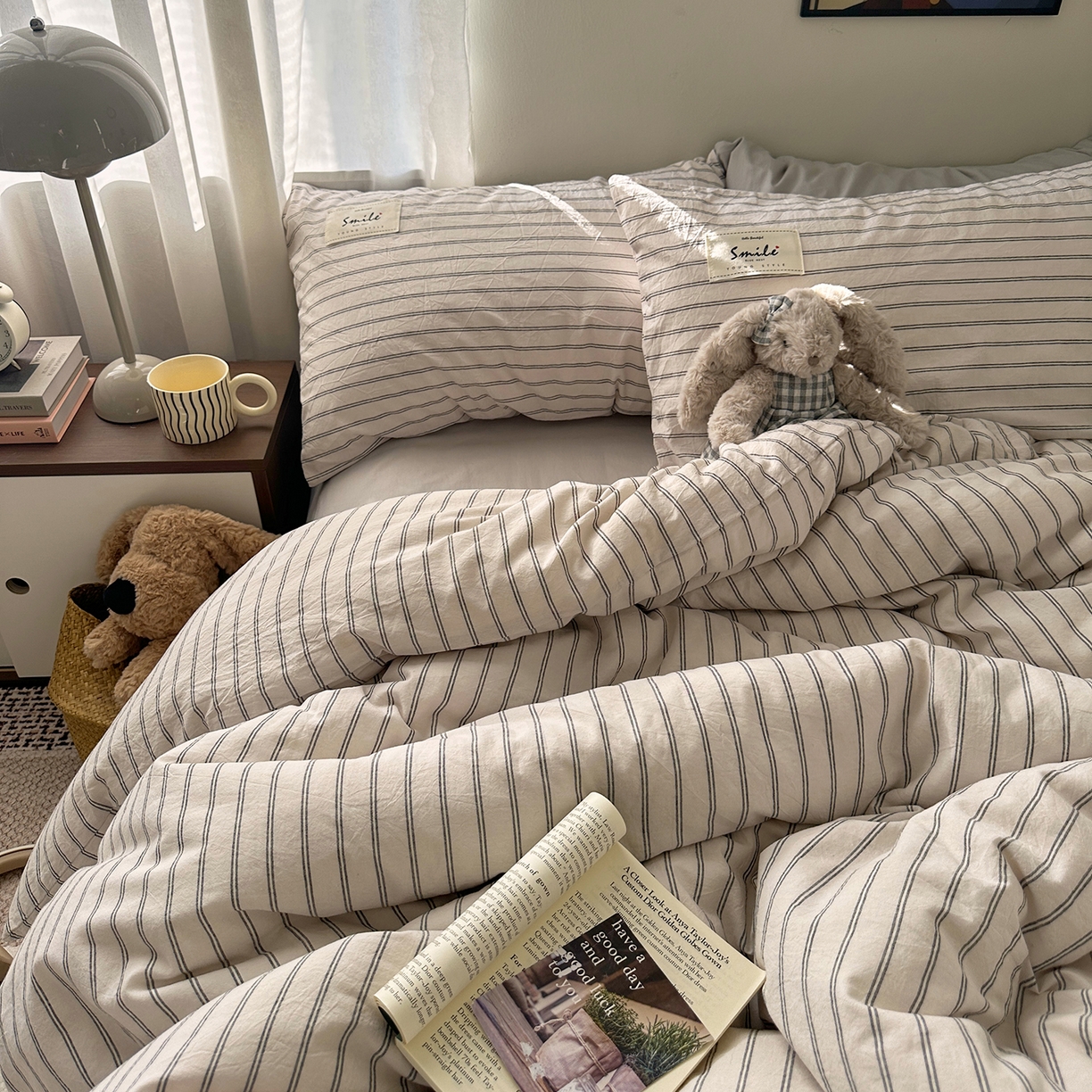 91家纺网 家纺一手货源 找家纺 艾咪-Amy ntmy 2026新款布标条纹款全棉纯棉色织水洗棉四件套 告白-米条