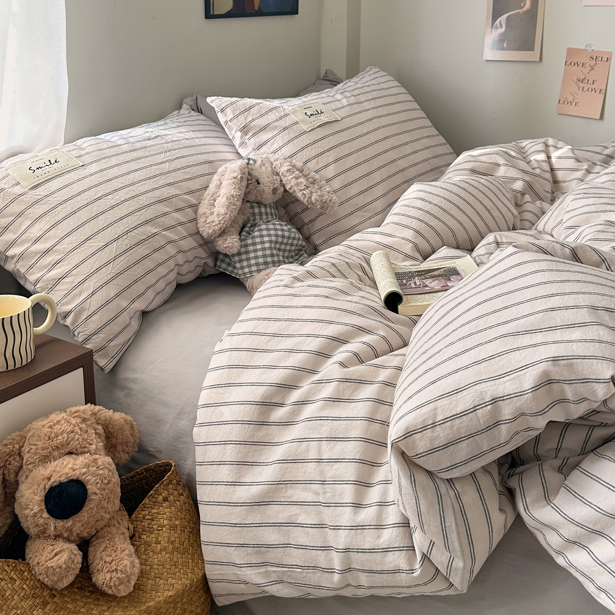 91家纺网 家纺一手货源 找家纺 艾咪-Amy ntmy 2026新款布标条纹款全棉纯棉色织水洗棉四件套 告白-米条