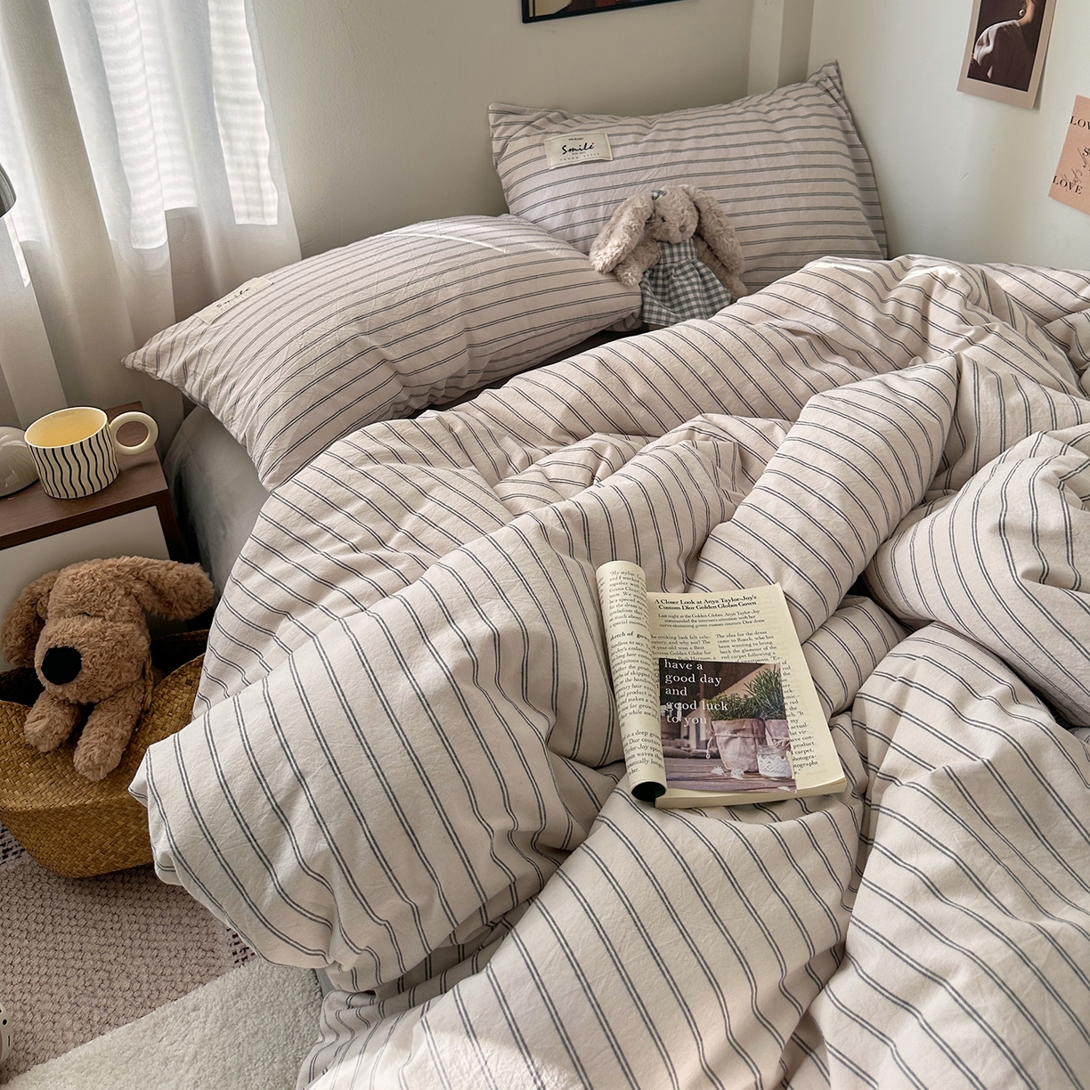 91家纺网 家纺一手货源 找家纺 艾咪-Amy ntmy 2026新款布标条纹款全棉纯棉色织水洗棉四件套 告白-米条