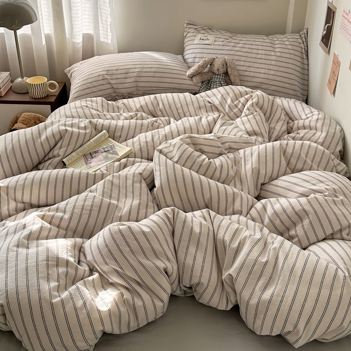 91家纺网 家纺一手货源 找家纺 艾咪-Amy ntmy 2026新款布标条纹款全棉纯棉色织水洗棉四件套 告白-米条