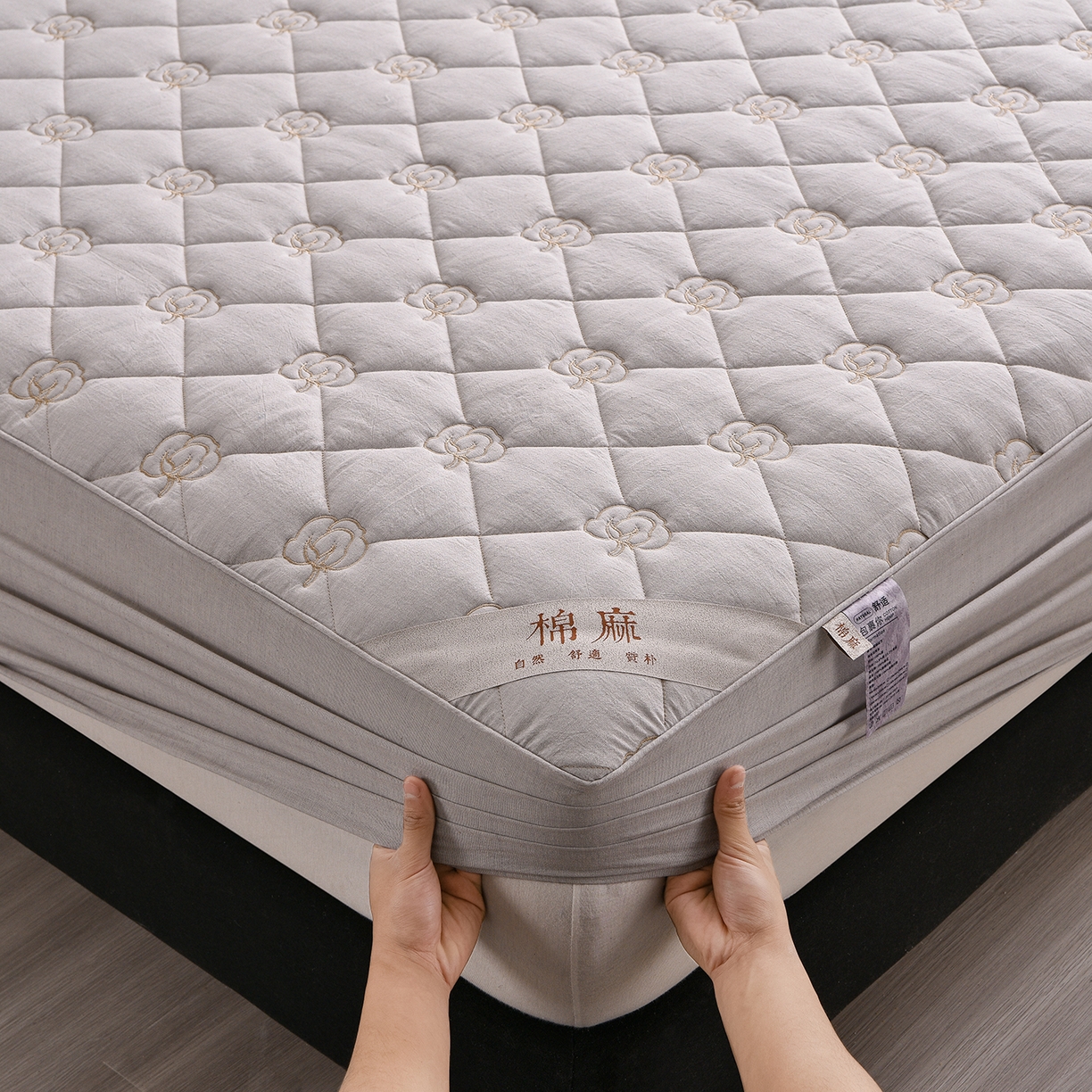 91家纺网 家纺一手货源 找家纺 好眠好梦家纺 2026新款全棉纯棉棉麻抗菌防螨床笠 棉之语-浅灰