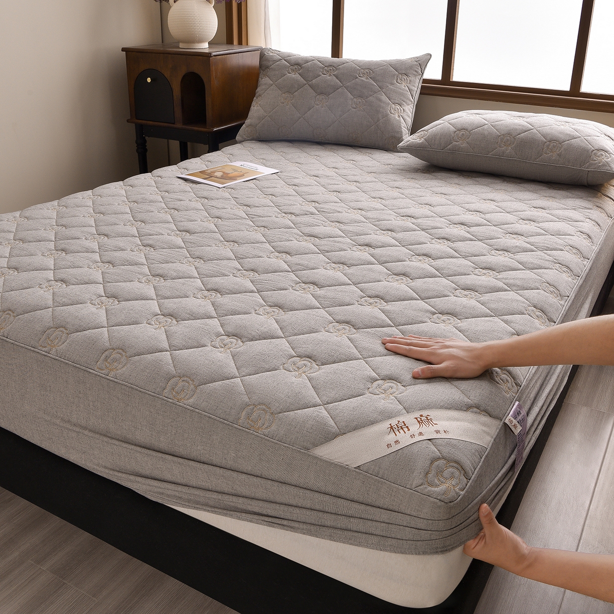 好眠好梦家纺 2026新款全棉纯棉棉麻抗菌防螨床笠 棉之语-深灰