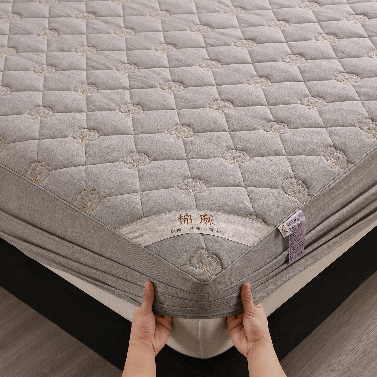 91家纺网 家纺一手货源 找家纺 好眠好梦家纺 2026新款全棉纯棉棉麻抗菌防螨床笠 棉之语-深灰