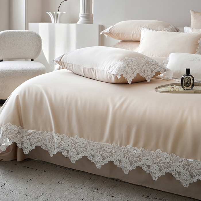 91家纺网 家纺一手货源 找家纺 金奇达家纺 2026新款茧养丝光缎四件套-蕾丝小姐（标准号全网控价（折后券后）不低于299元） 蕾丝小姐-云纱