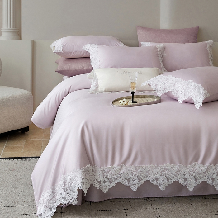 91家纺网 家纺一手货源 找家纺 金奇达家纺 2026新款茧养丝光缎四件套-蕾丝小姐（标准号全网控价（折后券后）不低于299元） 蕾丝小姐-莲紫