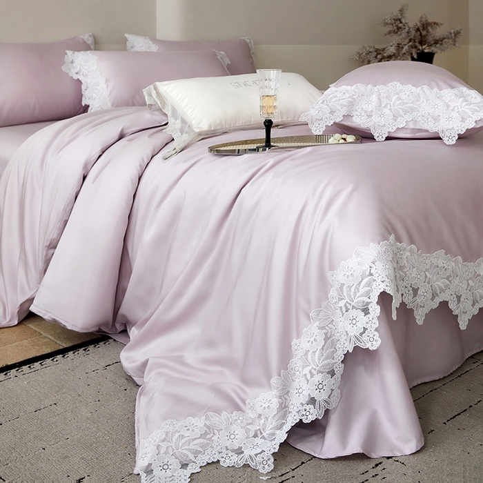 91家纺网 家纺一手货源 找家纺 金奇达家纺 2026新款茧养丝光缎四件套-蕾丝小姐（标准号全网控价（折后券后）不低于299元） 蕾丝小姐-莲紫