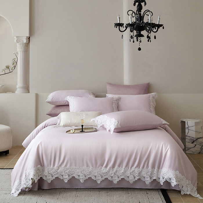 91家纺网 家纺一手货源 找家纺 金奇达家纺 2026新款茧养丝光缎四件套-蕾丝小姐（标准号全网控价（折后券后）不低于299元） 蕾丝小姐-莲紫