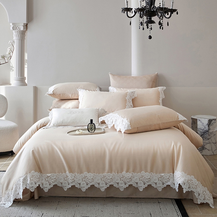 91家纺网 家纺一手货源 找家纺 金奇达家纺 2026新款茧养丝光缎四件套-蕾丝小姐（标准号全网控价（折后券后）不低于299元） 蕾丝小姐-云纱