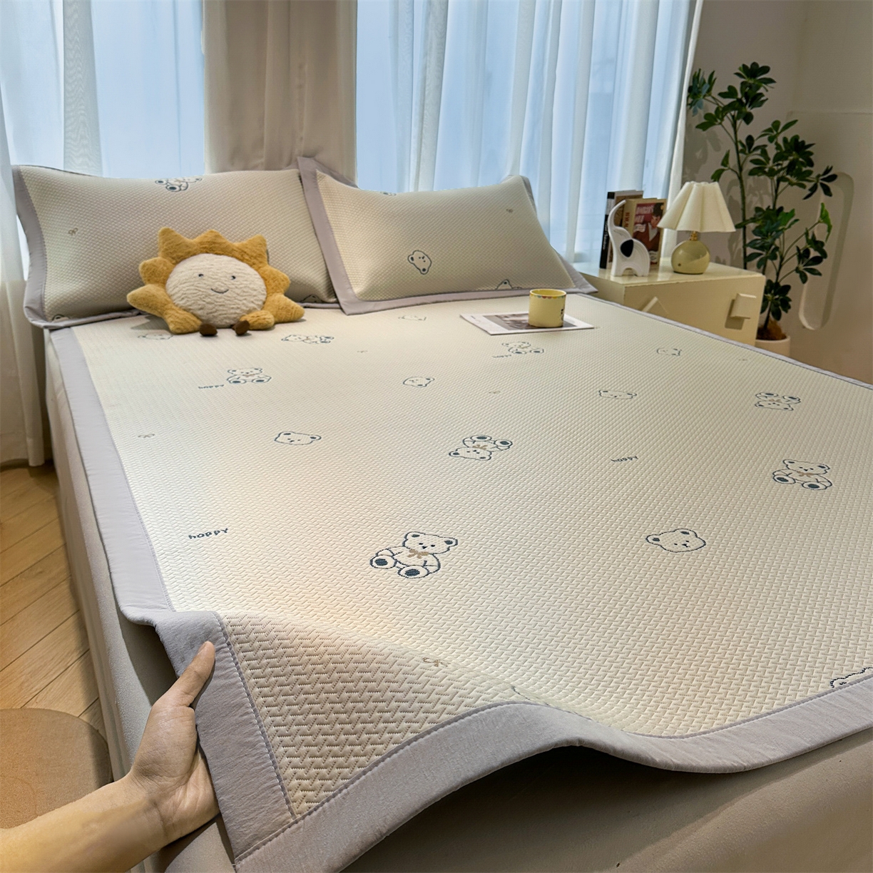 梵克保罗 2026新款卡通实拍小红书爆款凉豆豆凉席100%PE 乙纶凉感可水洗床席席子 蓝蓝小熊