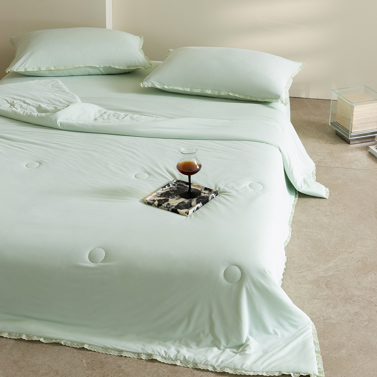 91家纺网 家纺一手货源 找家纺 立奥被业 2026新款锦氨凉感夏被夏凉被空调被竹浆纤维夏被四件套大油光夏凉被 绿色