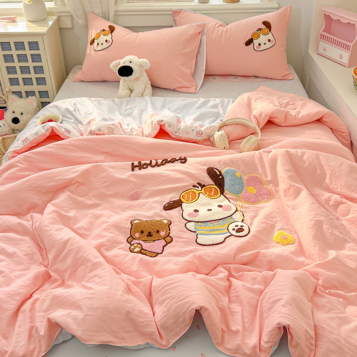 91家纺网 家纺一手货源 找家纺 易辰美 2026新款水洗棉毛巾绣夏被四件套 帕恰狗