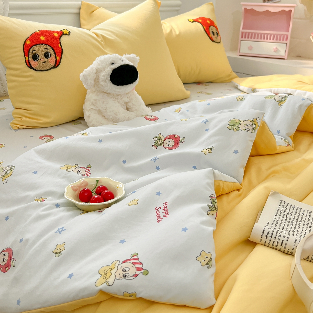 91家纺网 家纺一手货源 找家纺 易辰美 2026新款水洗棉毛巾绣夏被四件套 星星人