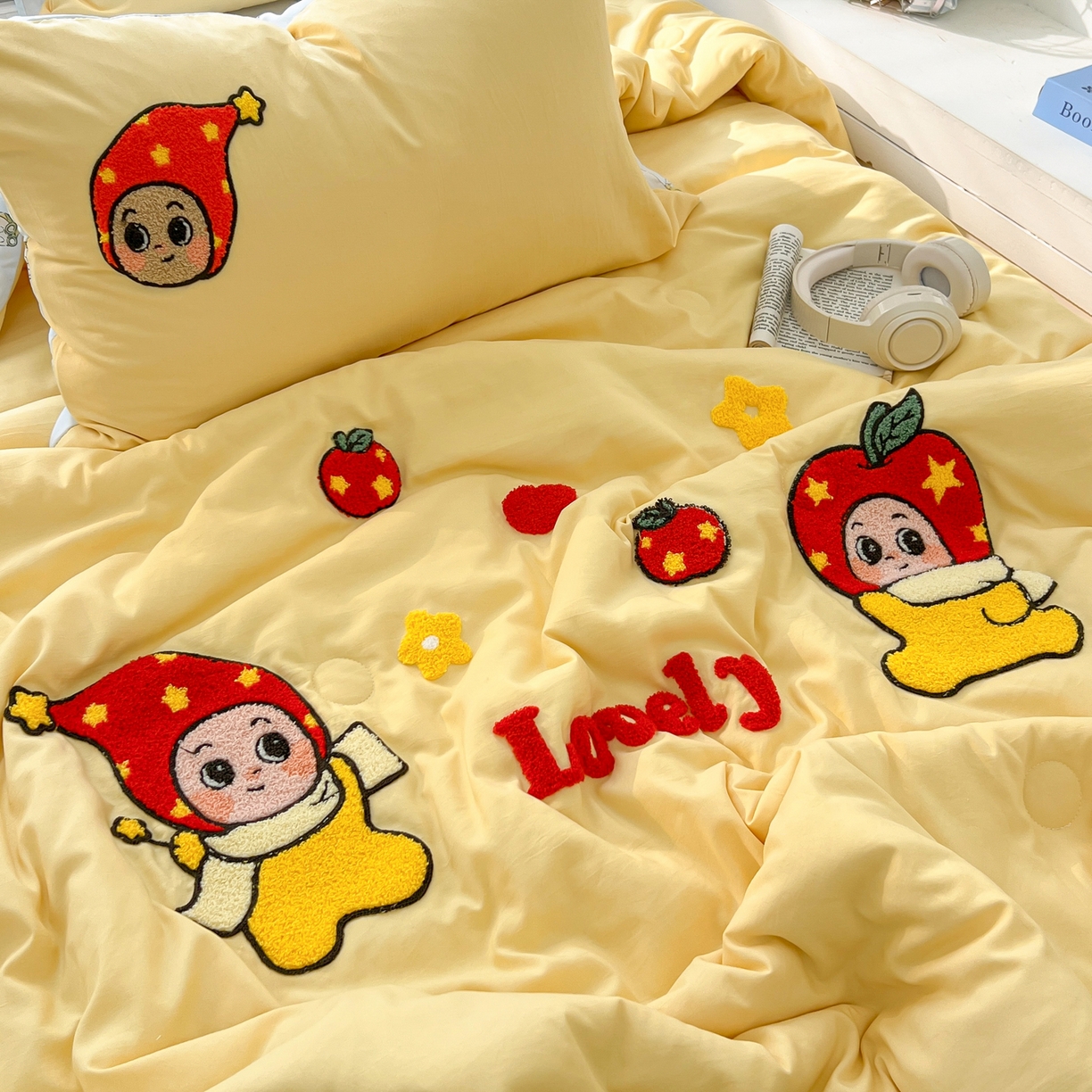 91家纺网 家纺一手货源 找家纺 易辰美 2026新款水洗棉毛巾绣夏被四件套 星星人