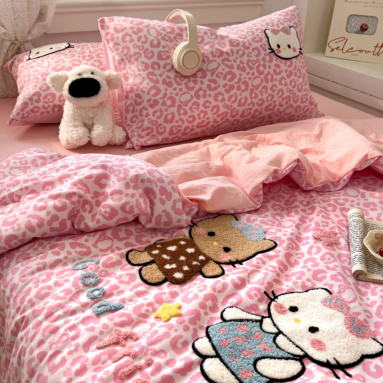 91家纺网 家纺一手货源 找家纺 易辰美 2026新款水洗棉毛巾绣夏被四件套 豹纹猫-粉