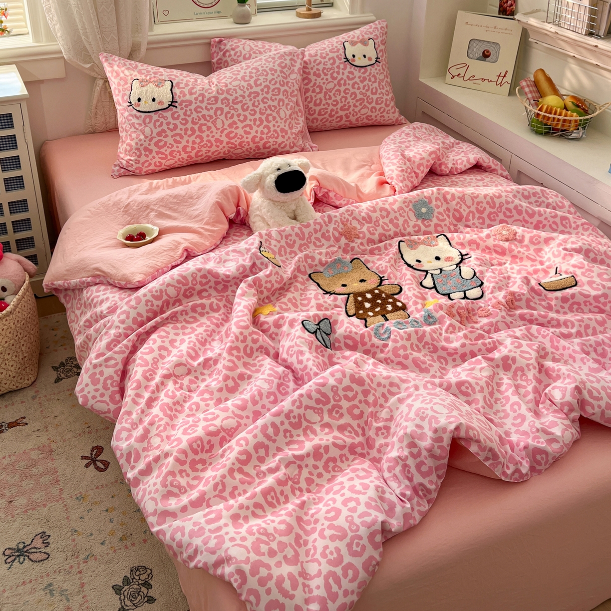 91家纺网 家纺一手货源 找家纺 易辰美 2026新款水洗棉毛巾绣夏被四件套 豹纹猫-粉