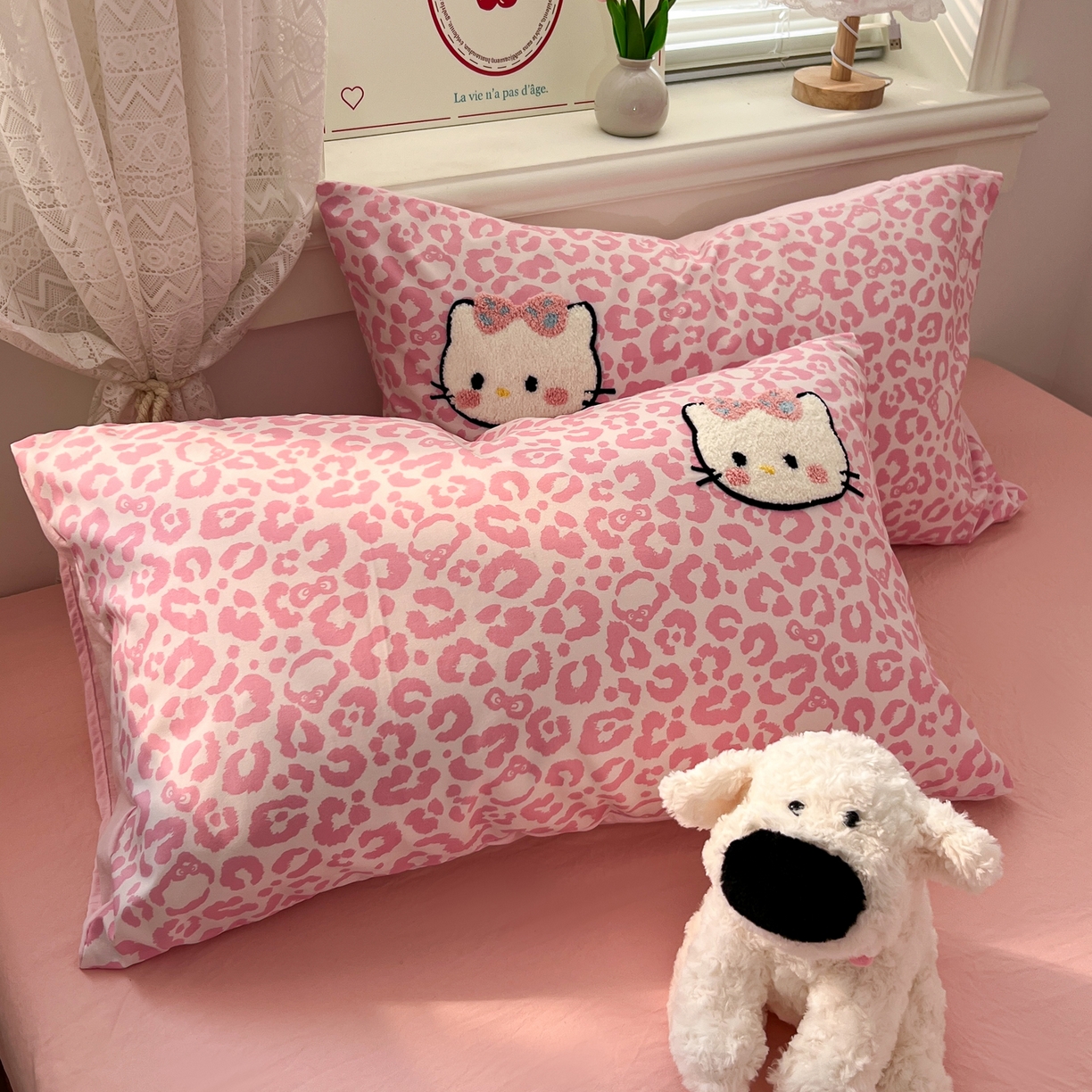 91家纺网 家纺一手货源 找家纺 易辰美 2026新款水洗棉毛巾绣夏被四件套 豹纹猫-粉