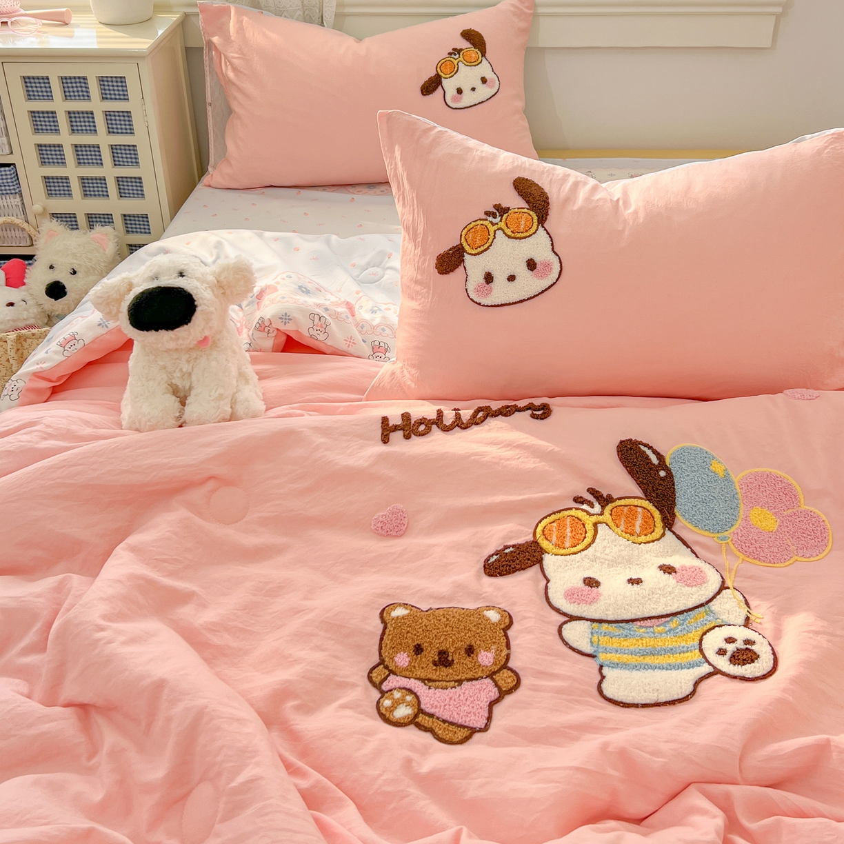 91家纺网 家纺一手货源 找家纺 易辰美 2026新款水洗棉毛巾绣夏被四件套 帕恰狗