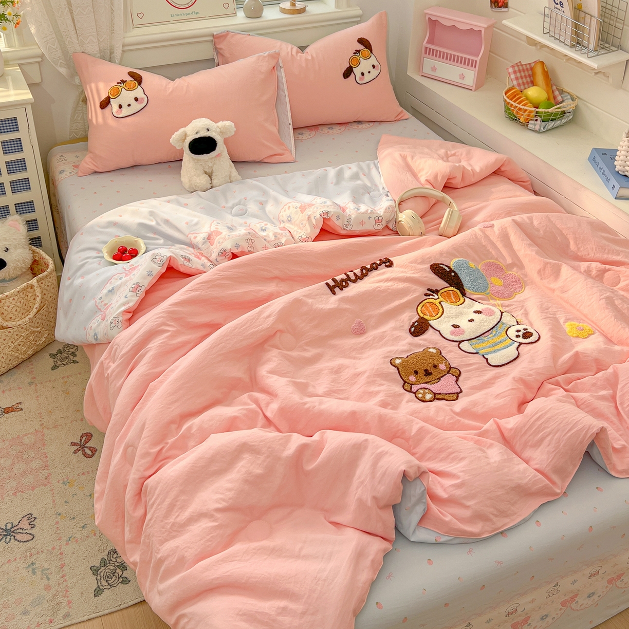 91家纺网 家纺一手货源 找家纺 易辰美 2026新款水洗棉毛巾绣夏被四件套 帕恰狗