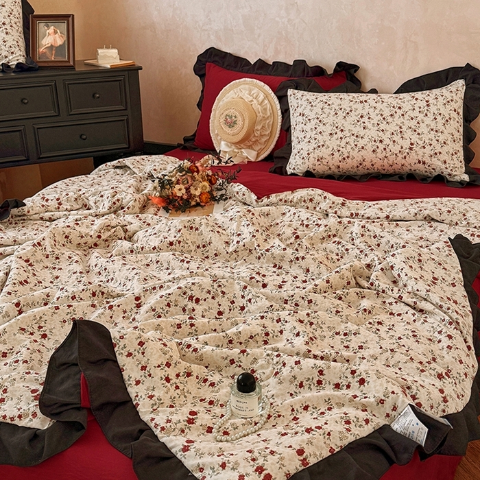 91家纺网 家纺一手货源 找家纺  2026直播爆款韩版赫本风花边款水洗双层纱夏被四件套【有买家秀加V】蔷薇岛