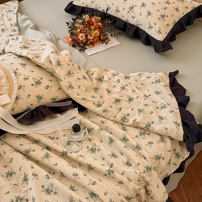 91家纺网 家纺一手货源 找家纺 2026直播爆款韩版赫本风花边款水洗双层纱夏被四件套【有买家秀加V】茶墨